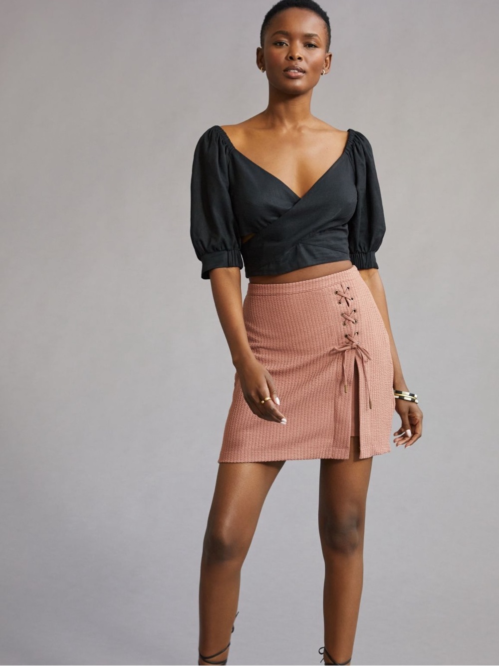 Anthropologie Lace-Up Knit Mini Skirt in Dusty Rose